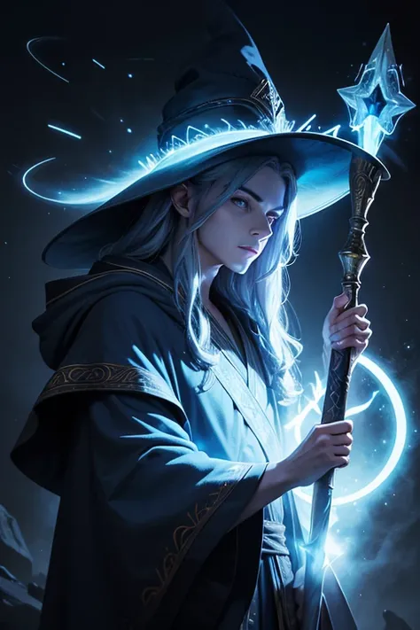 wizard, young, ancient clothing, pointy hat, long robes, magical surrounding, halo around his head, staff in his hands, posing s...