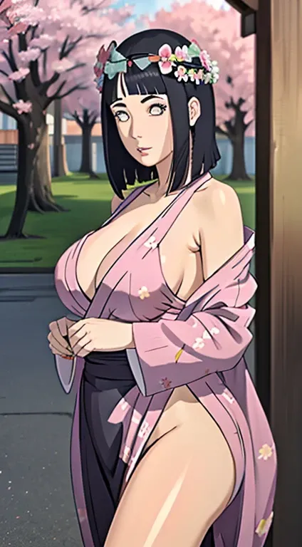 (masterpiece), best quality, expressive white eyes, perfect face, massive boobs, standing, wearing a kimono, cherry blossom trees background, flowers on her head,front facing, black hair, thigh legs , Carla Yeager