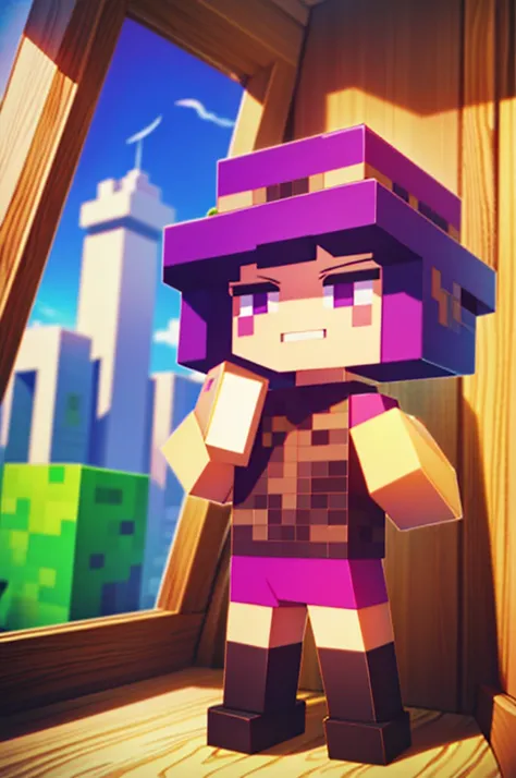 Mincraft skin, Style of minecraft, minecraft person, blocky like minecraft, blocky person, blocky girl, full body, wave hands, little smile