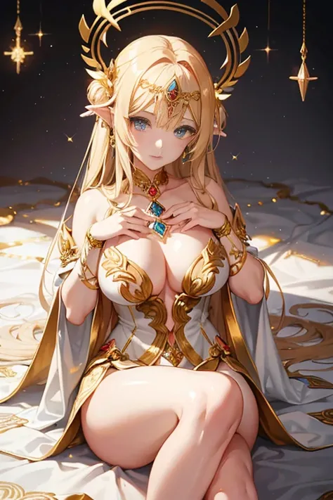 Golden Goddess Freyr, A majestic goddess of love and magic, Her hair is a string of stars, Her eyes sparkle with mysterious power.her hands sparkle，Warm and inviting.Her presence is a light of hope and joy.Her golden halo is a sparkling aura of love and pr...