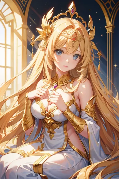 Golden Goddess Freyr, A majestic goddess of love and magic, Her hair is a string of stars, Her eyes sparkle with mysterious power.her hands sparkle，Warm and inviting.Her presence is a light of hope and joy.Her golden halo is a sparkling aura of love and pr...