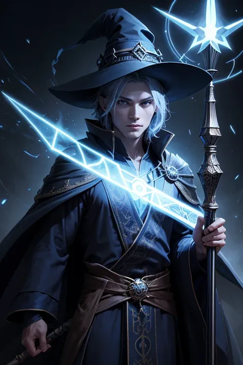 wizard, young, ancient clothing, pointy hat, long robes, magical surrounding, halo around his head, staff in his hands, posing s...