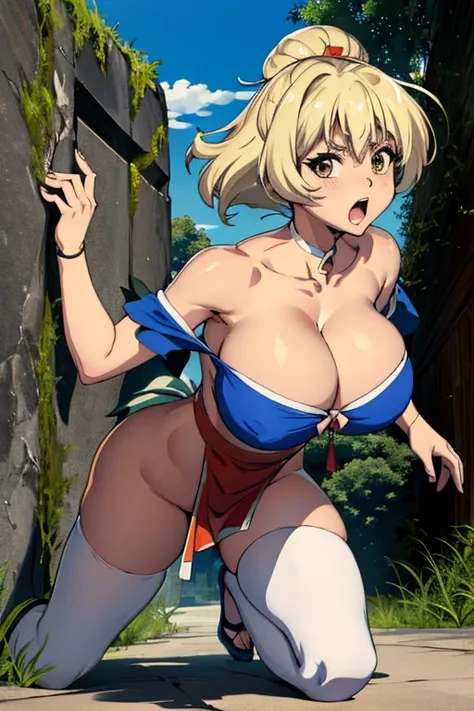 masterpiece, high resolution, best quality, 1 woman, solo, Mii, big breasted, cleavage, blue_japanese_clothes, sleeveless, brown stockings, full body, alluring outfit, sexy body, ryona, in peril, she is being beaten up, in trouble, screaming in agony, reac...