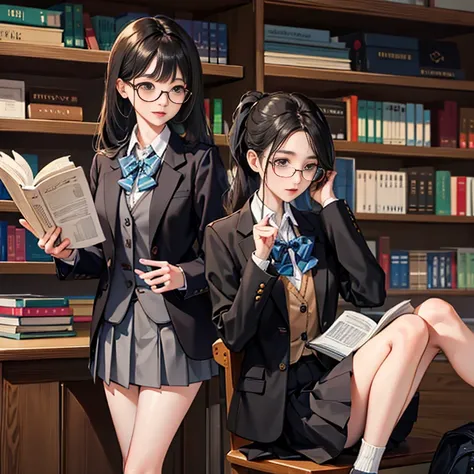 Korean preppy style, Extra-long ponytail, parted bangs, round glasses, Wearing school uniform, Dark gray cardigan jacket, Dark gray blazer, pleated skirt, miniskirt，Reading books in the library, The morning sun pours down，Shy and quiet girl, Reserved and d...