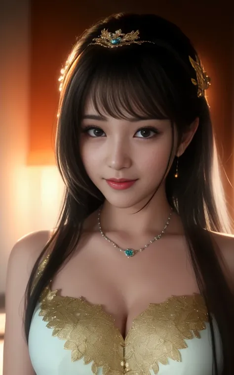 最high quality, masterpiece, High resolution, gentle smile,smile,1 girl,China dress,hair ornaments,necklace, jewelry,beautiful face,On top of that_body, Tyndall effect,realistic, dark studio, rim lighting, two-tone lighting,(high definition skin:1.2), 8K uh...