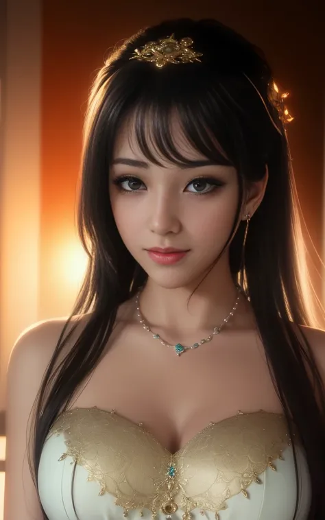 最high quality, masterpiece, High resolution, long eyes,gentle smile,smile,1 girl,China dress,hair ornaments,necklace, jewelry,beautiful face,On top of that_body, Tyndall effect,realistic, dark studio, rim lighting, two-tone lighting,(high definition skin:1...