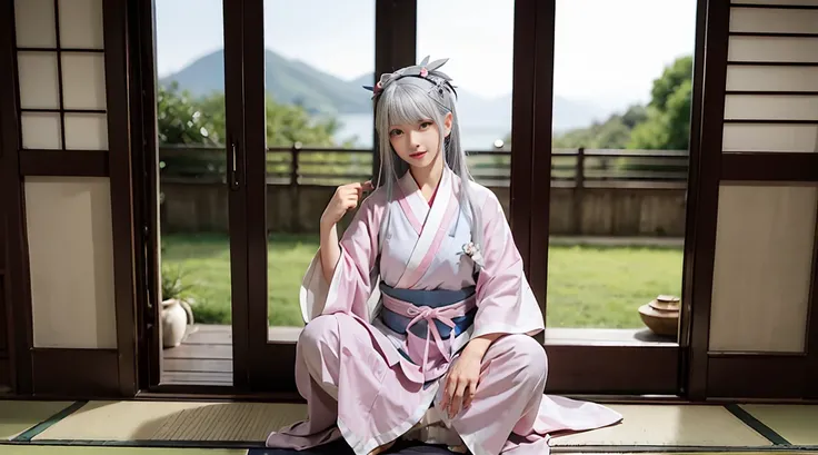 masterpiece, best quality,Lax-BK, 1 sister, alone, long gray hair, pink hair, very long gray hair, blue eyes, hair accessories, japanese clothes, Split skirt