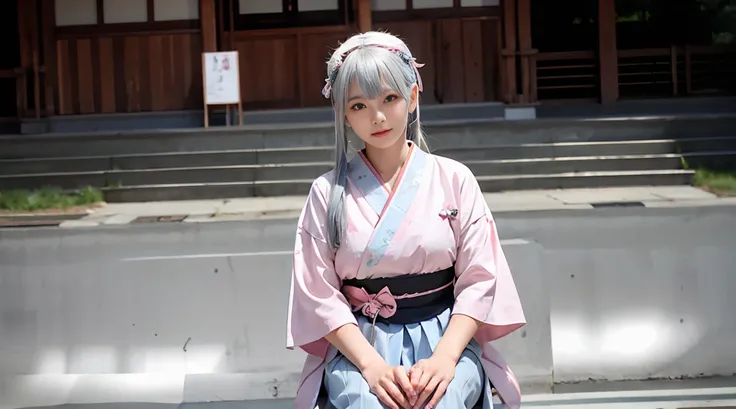 masterpiece, best quality,Lax-BK, 1 sister, alone, long gray hair, pink hair, very long gray hair, blue eyes, hair accessories, japanese clothes, Split skirt