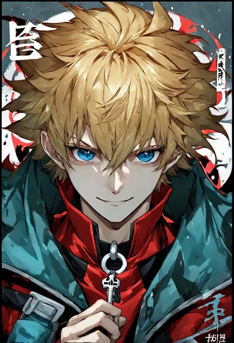 anime boy，blond，blue eyes，wearing colorful jacket, anime inspired by kun chan, hot topics on pixiv, continuous art, handsome guy...