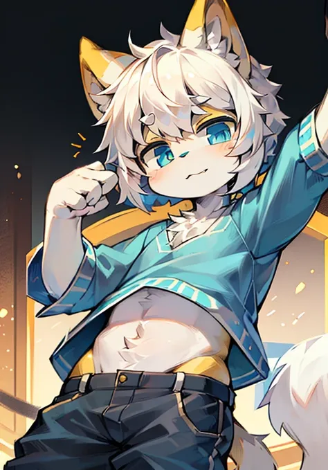 Bright Eyes, character bust photo, Q version, 头像框, Character focus, alone, hairy, hairy male cat, Male yellow-white fur, blue eyes, white hair (long) Loli style, Little cute, will sell cute, Wear blue clothes and pants, has a tail