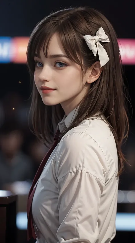 (very delicate and beautiful: 1.2), 1 girl, bangs, blue eyes, Blur, Blur background, bow, brown hair, shut up, Side view, hair between eyes, hair bow, lanthanum, particles of light, long sleeve, Watch the audience, medium hair, night, red bow, alone, perfo...