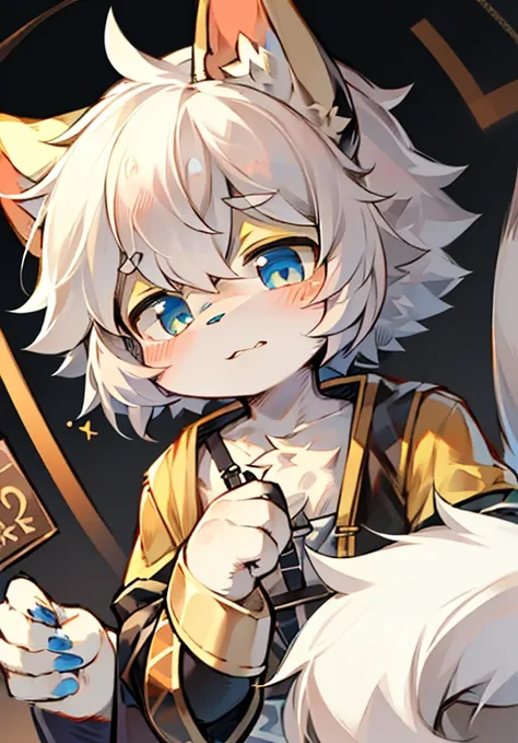 Bright Eyes, character bust photo, Q version, 头像框, Character focus, alone, hairy, hairy male cat, Male yellow-white fur, blue eyes, white hair (long) Loli style, Little cute, will sell cute, blush, has a tail