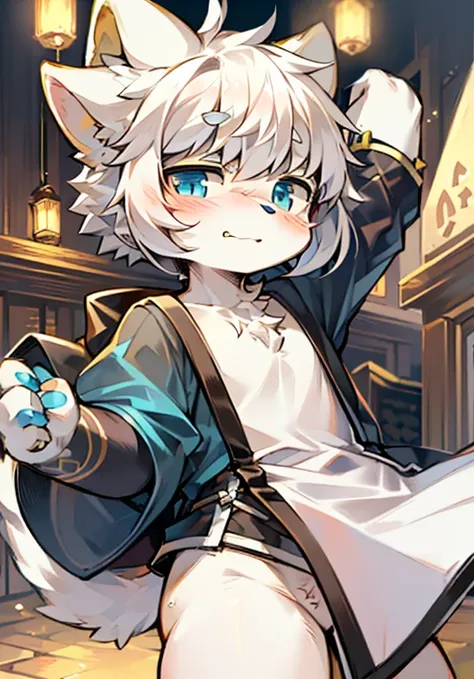 Bright Eyes, no clothes are worn, Q version, 头像框, Character focus, alone, hairy, hairy male cat, Male yellow-white fur, blue eyes, white hair (long) Loli style, Little cute, will sell cute, blush, has a tail