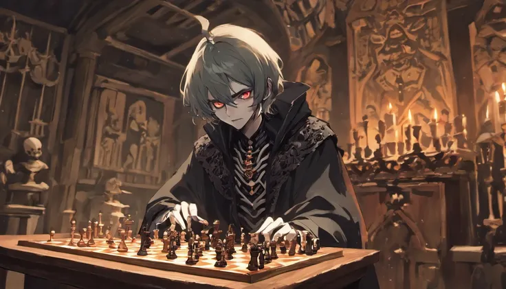 (Grim_Reaper in), (Skeleton_Monster), sits at a table, view the viewer, playing chess, Thinking, black hair, Confident demeanor, Masterpiece, Top quality, Best quality, High quality, Ultra-detailed, fire in the background, Vibrant colors, Solo, Extremely d...