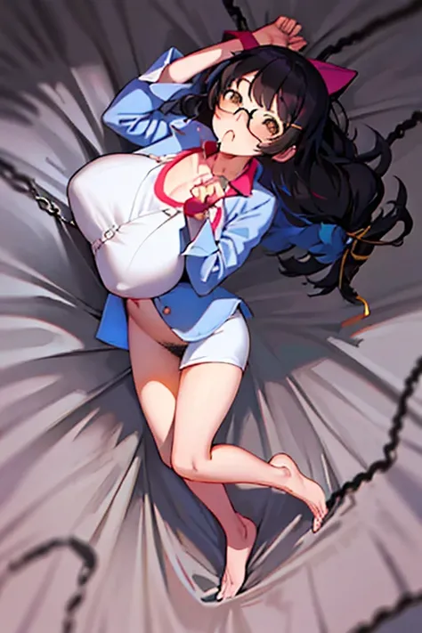 hanekawa tsubasa、attack of glasses、black hairの、big breasts、 (black hair, brown eyes, round face), big breasts, With ribbon, (blush your nose, Naughty, half-open eyes, drooling),on the bed in the infirmary, [full body shot]、BDSM、Lots of love juice、pale pubi...