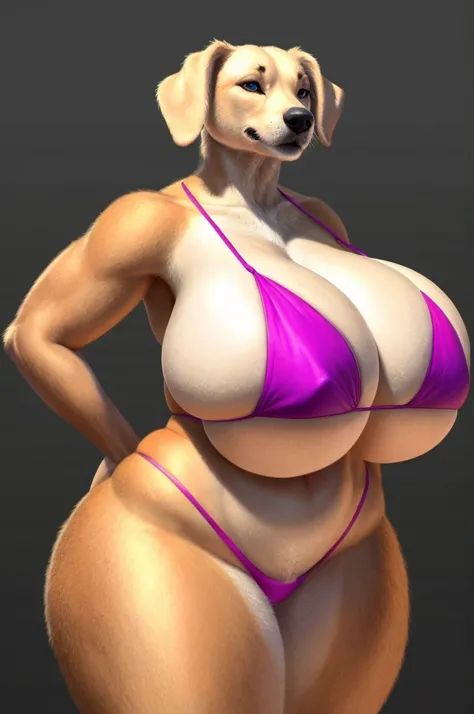 (big curves,female,furry,anthro,labrador)Wearing bikini standing in front view with hands behind back. (huge ass,huge breasts)She is solo and standing on a plain background. This artwork showcases the high quality and realism of (E621) fur artwork. The fur...