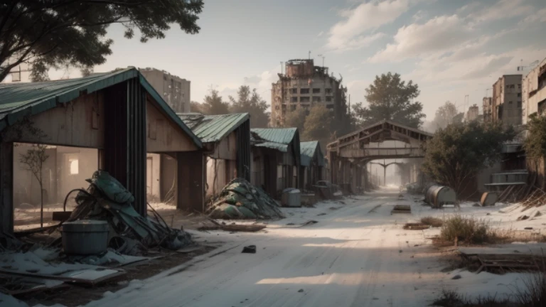 Create a cinematic visual composition in 9:16 format that represents the abandoned city of Pripyat in Chernobyl. Highlight a ruined power plant and add human figures using chemical masks as the protagonists of the scene. Use a blue or green filter to inten...