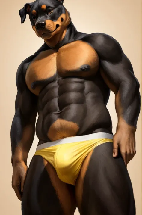 a furry male anthro Rottweiler standing with his hands behind his back. He is wearing underwear and is depicted in a simple background. The artwork should be in a front view perspective. The image should be of the best quality, with ultra-detailed features...