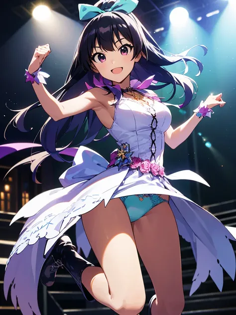 ((highest quality, 8K, Idol Master: 1.3, RAW photo)), sharp focus 1.1),Namco Pro,Hibiki Ganaha.beautiful face, highly detailed face, ((turquoise blue highlights)),black hair ponytail,big ribbon,((brown skin))A big smile (Light blue idol costume 1.5), live ...