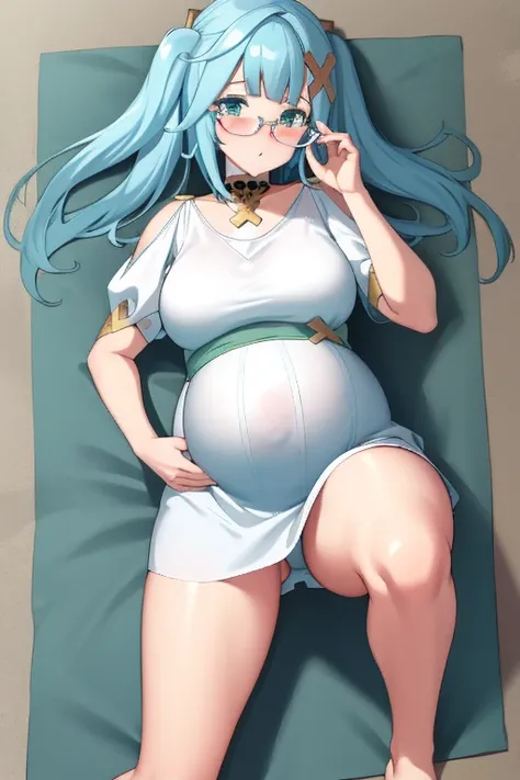 Giant maiden，Moe two-dimensional style，Pregnancy status，Round belly，Gaze at the bustling city, Looking at viewer, Blush, Pout, Tsundere, Dissapointed, Lying down, Glasses, Full body