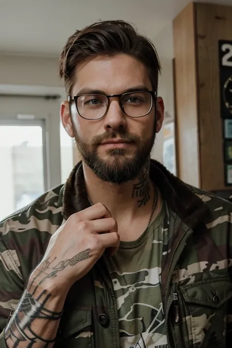 tall rip handsome guy with beard and glasses wearing camo jacket , hands covered with tattoo