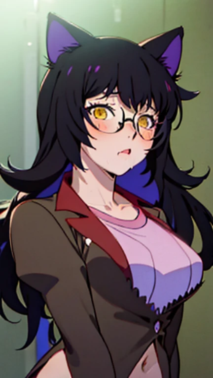 Hanekawa Tsubasa is dressed as RWBY&#39;s Blake、、glasses、black hairの、big breasts、 (black hair, brown eyes, round face), big breasts, With ribbon, (blush your nose, Naughty, half-open eyes, drooling),on the bed in the infirmary, [full body shot]、BDSM、Lots o...