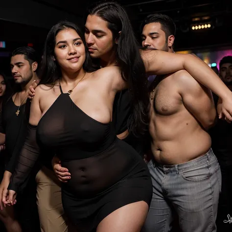 Chubby fat bbw nerdy latina young woman (20 years old), chubby belly, long straight black hair, wearing sexy black dress, Golden necklace,man hugging from behind, romantic kissing, passion Kiss,with several tall men, 4 men, in nigth  club, discoteque, dark...