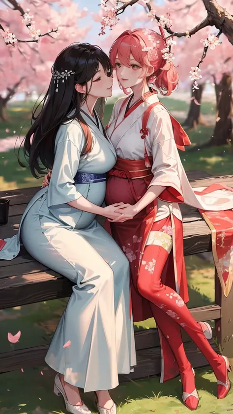 masterpiece，best quality，Side lights for couples，lens flare glow，Ray tracing，sharp focus，Wearing Hanfu，A beautiful man talking to his pregnant wife，Under the peach blossom tree，Wife&#39;s face turns red，Lively，enthusiasm，Wear tights