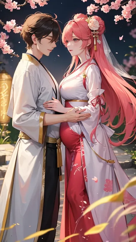 masterpiece，best quality，Side lights for couples，lens flare glow，Ray tracing，sharp focus，Wearing Hanfu，A beautiful man talking to his pregnant wife，Under the peach blossom tree，Wife&#39;s face turns red，Lively，enthusiasm，Wear tights