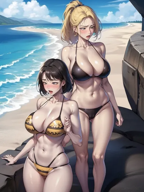 Sexy bikini girl, Anime, Cute anime face, wide hips, big butts, Massive breasts, randome pose, Patterned bikini, Camel toe, Random hair color, Facing away, hands on butt, hand on the breasts, Buttocks grabbing the chest, Grabbing, Embarrassed expression, s...