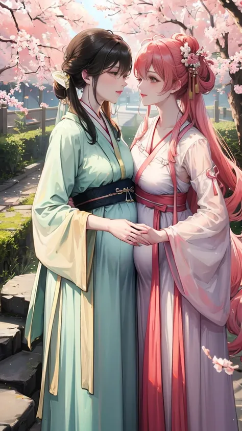 masterpiece，best quality，Side lights for couples，lens flare glow，Ray tracing，sharp focus，Wearing Hanfu，A beautiful man talking to his pregnant wife，Under the peach blossom tree，Wife&#39;s face turns red，Lively，enthusiasm，Wear tights