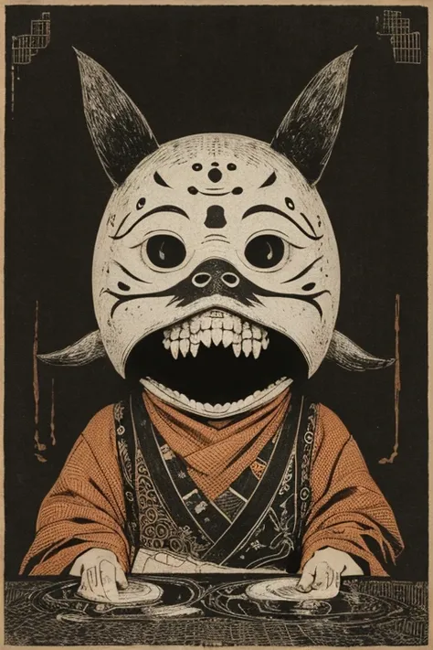 ((jumpscare)), Outline warm color, ((festival)), ((Chojugiga)), ((Shihon Bokuga)), antique, (anthropomorphism), (Sumi-e), Monochrome art, (Old paper style illustration), (hunting paintingural style, Little monster, old performance, variational pointillism,...