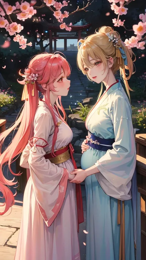 masterpiece，best quality，Side lights for couples，lens flare glow，Ray tracing，sharp focus，Wearing Hanfu，Two pregnant girls talking，Under the peach blossom tree，Wife&#39;s face turns red，Lively，enthusiasm，Wear tights