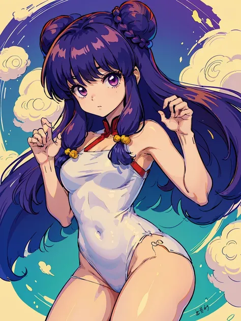 shampoo, Ranma 1/2, usando traje de conejito, bun head、Wide-haired purple, de doble cola、Pechos grandes chinos. Pose sujestiva y sensual, Background of the Japanese Dollo, (fondo blanco)