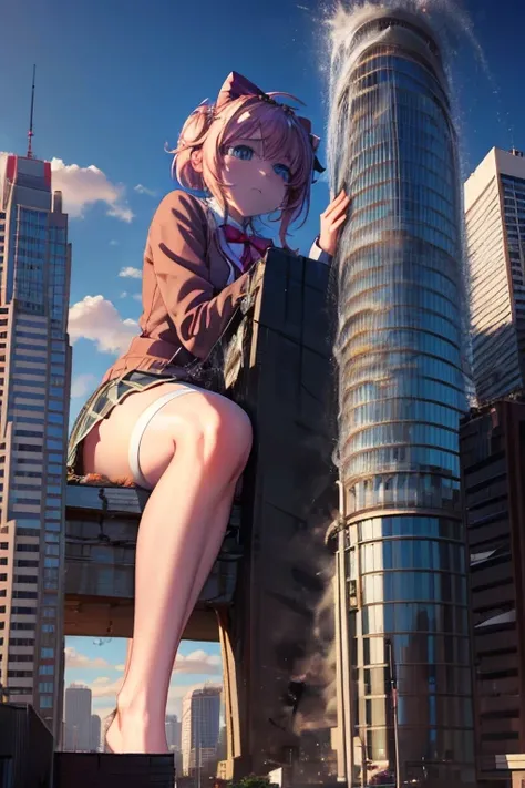 (masterpiece), best quality, expressive eyes, perfect face, Natsuki (From Doki Doki Literature Club), dominant, femdom, glaring, pitiful look, GTS, Looming, GTSCity, Rampage, about to sit down on city, hovering butt over city, POV looking up at butt