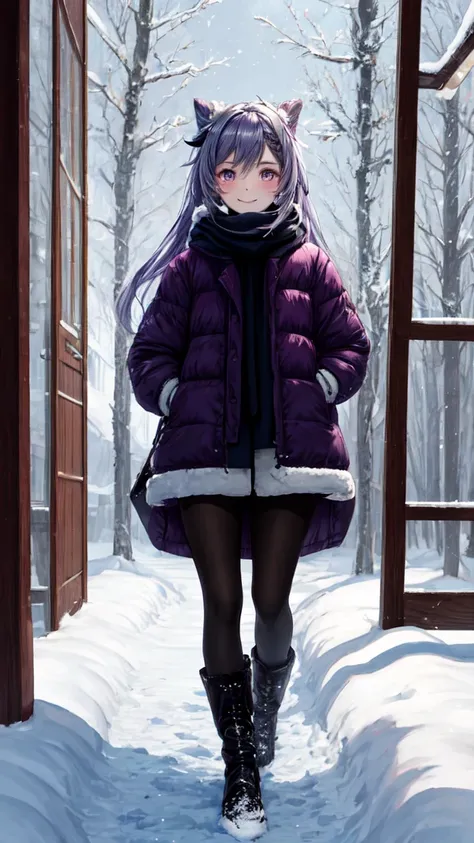 Top quality, 4K, 8K, high resolution, masterpiece: 1.2, Keqing,beautiful young woman, snow-covered countryside, winter scenery, winter coat, long coat, beautiful winter boots, gloves, nudist, happy, natural beauty, Purple twin-tailed hair, Purple eyes,A ha...