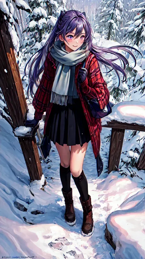 Top quality, 4K, 8K, high resolution, masterpiece: 1.2, Keqing,beautiful young woman, snow-covered countryside, winter scenery, winter coat, long coat, beautiful winter boots, gloves, nudist, happy, natural beauty, Purple twin-tailed hair, Purple eyes,A ha...