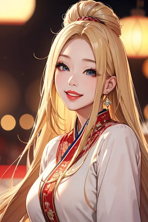 1 girl,Beautiful Korean fashion model bokeh train,(masterpiece, detailed background, highest quality),long and shiny hair,blonde hair,grin,juicy lips,red lips,