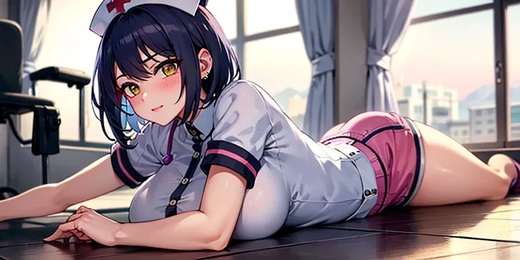 (Lie on the ground:1.3), 1 girl, alone, kujousaradef, nurse, blush, hospital, indoor, Day, window, big breasts, thick thighs, short hair, null, temple, looking at the viewer, stage, Mountain, moody lighting, In-person audience, sexy pose, ear piercing, nur...