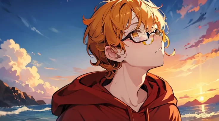 Anime Blonde short curly haired teenage Boy, with Yellow eyes, Glasses, Freckles on the face, wearing a Red hoodie, Looking up to the sky, Sunset.