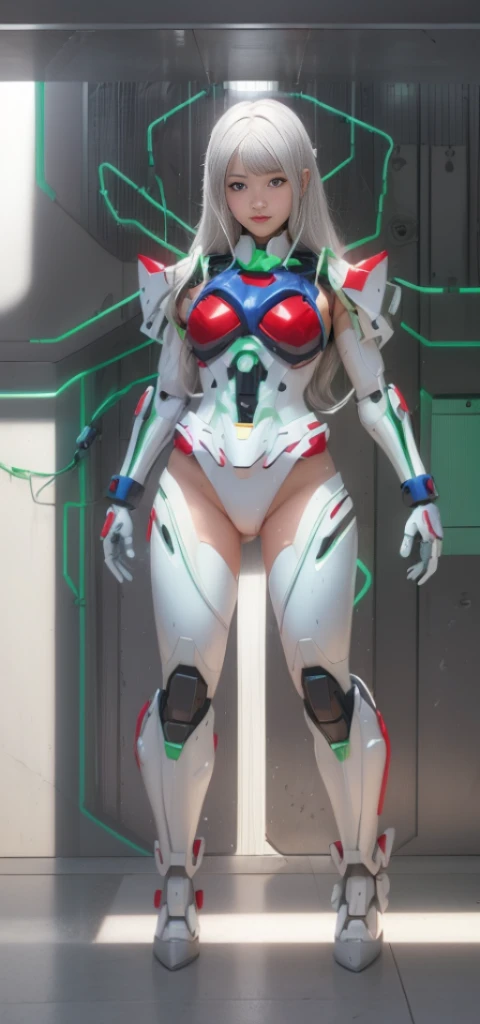 (highest quality), (masterpiece),beautiful girl、rocket boobs， Personification of Mobile Suit Gundam F91, Great highlights of the upper body, Powerful Mechs, ビームライフルを持つbeautiful girl, baby face, Nose and chin are not noticeable, Neat smile, medium hair, sag...