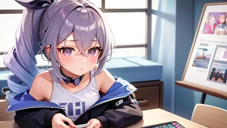 One girl、drill ponytail、PastelColors、Cute、blush, hoodie, playing games, earphone