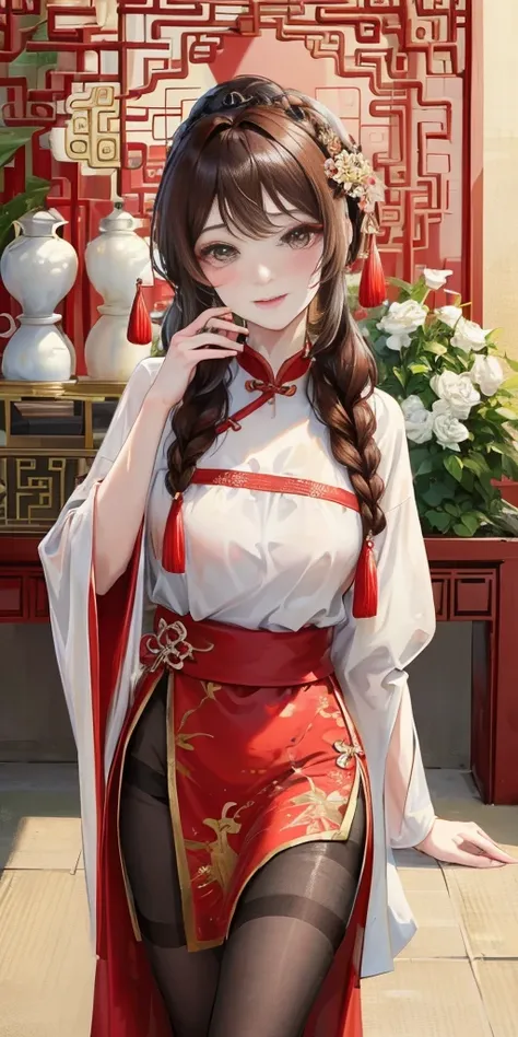 masterpiece, best quality, Married woman， aldult, Chinese style, China, elder sister,  Smile, brown hair, princess cut, Single fried dough stick braid，Pantyhose，Full of motherhood，Chinese style婚礼，Pure desire，blushing，dignified yet lively，Mother，bring