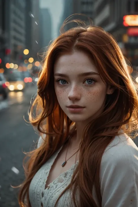 Realistic photography, closeup of beautiful woman with freckles and , head shot , 25yo, focus on eyes, 50 mm f1.4, ginger hair in wind, hdr masterpiece,dramatic lighting, epic, cyber dress, flower in hair, light snowing, post apocalyptic city, epic necklac...