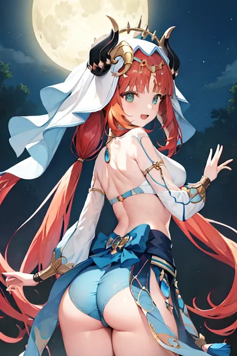 (Realistic painting style:1.1), masterpiece, best quality,  absurdres, nilou (neither flower nor mist) (genshin impact), aqua eyes, nilou (genshin impact), fake horns, 1girl, solo, red hair, veil, smile, moon, long hair, crop top, jewelry, horns, night, br...