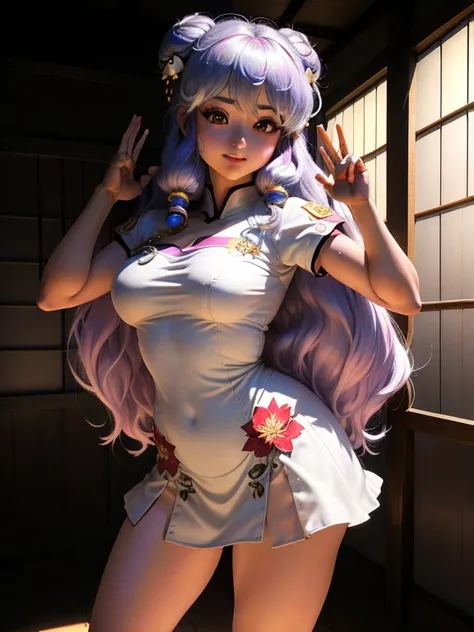 (shampoowaifu: 1), lindo, sonrisa, pose casual, cabello lila,  provocativa,ojos desafiantes, ojos brillantes, traje corto chino, vestido 

(realista: 1.2), (realismo), (obra maestra: 1.2), (mejor calidad), (ultra detallado), (8k, 4k, intrincado), (disparo ...