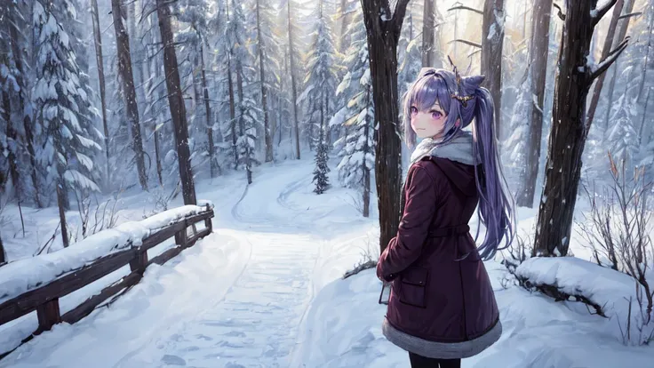 Top quality, 4K, 8K, high resolution, masterpiece: 1.2, Keqing,beautiful young woman, snow-covered countryside, winter scenery, winter coat, long coat, beautiful winter boots, gloves, nudist, happy, natural beauty, Purple twin-tailed hair, Purple eyes,A ha...