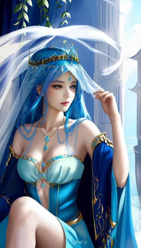 Close up of woman with blue hair and veil, heavenly beauty, ((beautiful fantasy empress)), beautiful fantasy empress, Beautiful character drawings, Palace ， girl wearing hanfu, heavenly fantasy, beautiful fantasy girl, very beautiful and subtle, white hanf...