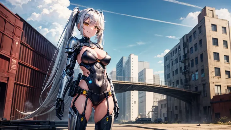 1girl, solo, masterpiece, old factory, warrior, silver hair, strait hair, twintail, large breasts, bikini armor, yellow eyes, guns, robotic equipment, metal suit, looking at the viewer, grin, ((standing))