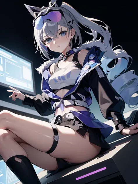 1girl, young, cute, long silver hair, blue eyes, wearing plain blue hoodie, dark room, hacker, computer, headset with black cat ears, absurdres, high res, ultrasharp, 8K, masterpiece, looking at computer screen